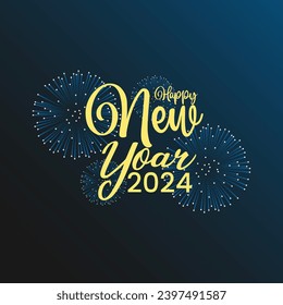 Beautiful holiday web banner or billboard with Golden sparkling text Happy New Year 2024 written sparklers on festive blue background with fireworks