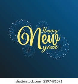 Beautiful holiday web banner or billboard with Golden sparkling text Happy New Year 2024 written sparklers on festive blue background with fireworks