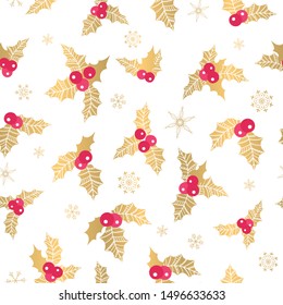 Beautiful Holly Berry seamless pattern, handdrawn creative leaves - christmas background, great for X-Mas themes, banners, wrapping paper, wallpaper, textiles - vector surface design