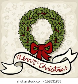 beautiful holly leaves wreath with wishes on light background colorful Christmas New Year winter holidays decorative illustration card centerpiece 