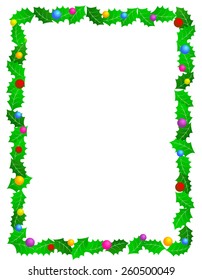 Beautiful holly xmas frame with holly leaves ,and decorative colorful ornaments