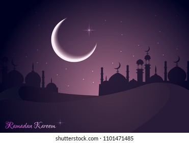 Beautiful holy festival eid and ramadan background. Mosque silhouette in night sky and abstract light for ramadan of Islam. Ramadan kareem greeting card with mosques. Moon in night sky and mosque