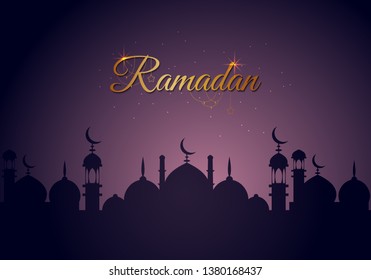 Beautiful holy festival eid and ramadan background. Mosque silhouette in night sky and abstract light for ramadan of Islam. Ramadan kareem greeting card with mosques. Moon in night sky and mosque