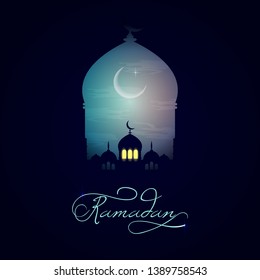 Beautiful holy festival eid and ramadan background. Mosque silhouette in night sky and abstract light for ramadan of Islam. Ramadan kareem greeting card with mosques. Moon in night sky and mosque 