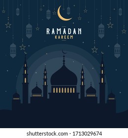 Beautiful holy festival Ramadan Kareem celebration with mosque, moon, star, and lamp. Mosque silhouette in the night sky and abstract light for Ramadan of Islam.