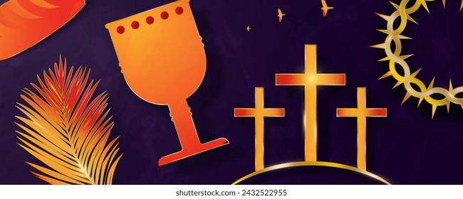 Beautiful Holy Week Symbolic Banner. Palm Sunday, Maundy Thursday, Good Friday, Holy Saturday, Easter Sunday. Chalice, three crosses, loaf, crown of thorns, palm. Vector Illustration. EPS 10.