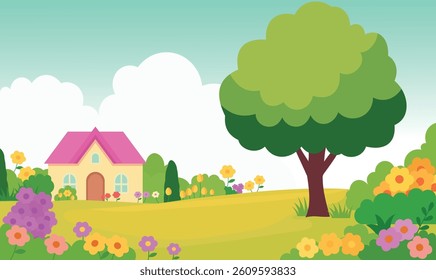 Beautiful Home House Building with Colorful Flowers Floral Garden Park Yard Landscape in Summer