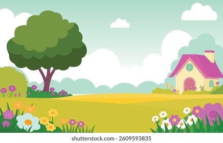 Beautiful Home House Building with Colorful Flowers Floral Garden Park Yard Landscape in Summer
