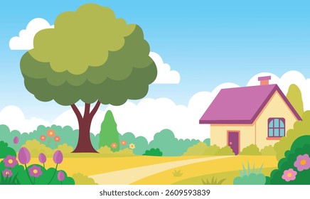 Beautiful Home House Building with Colorful Flowers Floral Garden Park Yard Landscape in Summer