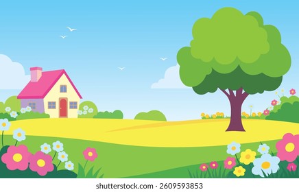 Beautiful Home House Building with Colorful Flowers Floral Garden Park Yard Landscape in Summer