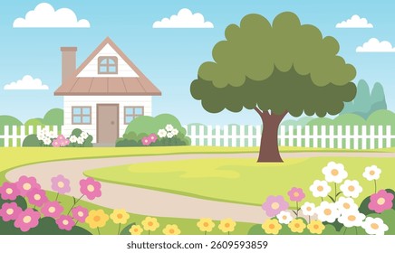 Beautiful Home House Building with Colorful Flowers Floral Garden Park Yard Landscape in Summer
