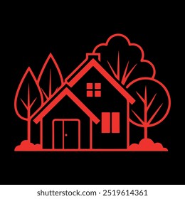 Beautiful home with tree illustration featuring a peaceful and serene atmosphere, perfect for nature-themed designs. Ideal for eco-friendly projects, real estate, and creative decorates.
