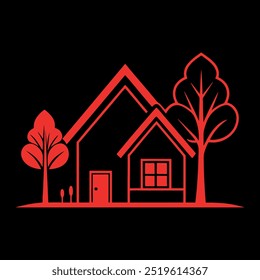 Beautiful home with tree illustration featuring a peaceful and serene atmosphere, perfect for nature-themed designs. Ideal for eco-friendly projects, real estate, and creative decorates.