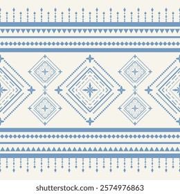 Beautiful Homespun Handicraft Blue Embroidery Detailed on Beige Background. Delicate Traditional Geometric Ornament with Tiny Lovely Florals Seamless Border Pattern for Ethnic Motif Chevron Decoration