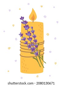 Beautiful honey candle with a sprig of lavender. Home spa decor. Cozy burning candle for aromatherapy. A fragrant candle made of natural wax. Lavender decor. Vector illustration. Isolated on a white.