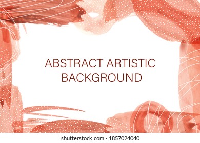 Beautiful horisontal business card, name card or visiting card decorated with rufous color watercolor imitation, outlines and polka dot abstract designs.