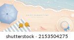 Beautiful horizontal banner design template with realistic summer elements on a beach background. Vector illustration