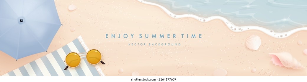 Beautiful horizontal banner design template with realistic summer elements on a beach background. Vector illustration