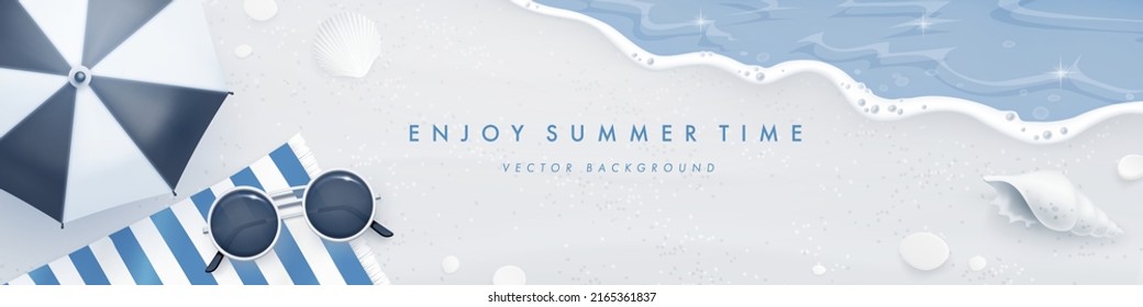 Hermosa plantilla horizontal de diseño de pancartas con elementos de verano realistas sobre un fondo de playa. Estilo retro. Ilustración del vector