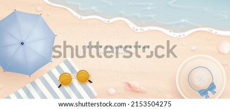 Beautiful horizontal banner design template with realistic summer elements on a beach background. Vector illustration