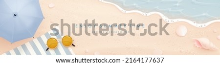 Beautiful horizontal banner design template with realistic summer elements on a beach background. Vector illustration