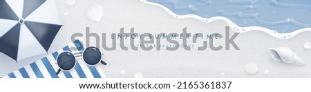 Beautiful horizontal banner design template with realistic summer elements on a beach background. Retro style. Vector illustration