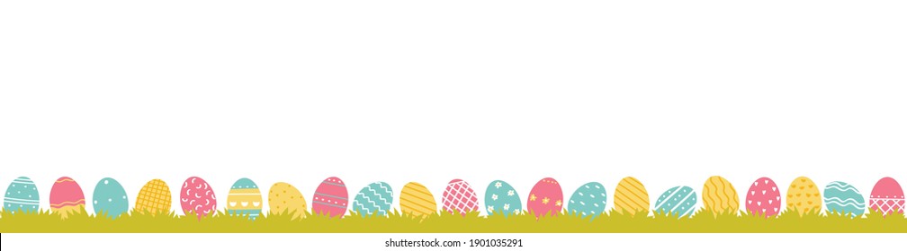 Beautiful horizontal banner Easter eggs on the grass . Vector illustration in flat style
