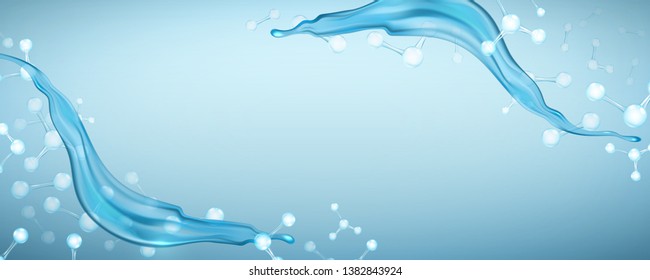 Beautiful, horizontal, blue,background with realistic water splash and molecules for advertising banners and cosmetics advertisements with copy space