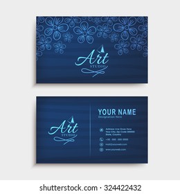 Beautiful Horizontal Business Card, Visiting Card Or Name Card Set With Floral Design In Glossy Blue Colors.