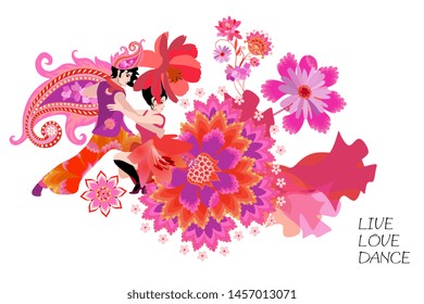 Beautiful horizontal card with young couple in bright costumes, decorated of flowers and paisley, dancing tango. Motivator "Live, Love, Dance". International Dance Day.