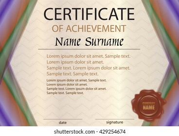 Beautiful  horizontal certificate or diploma template with wax seal. The text on separate layers. Reward. Winning the competition. Award winner. Vector illustration.