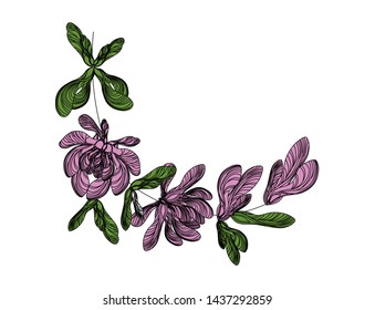 Beautiful horizontal composition with pink flowers of maple wing on a white background. Ethnic floral motif made from natural elements. Author's eco design