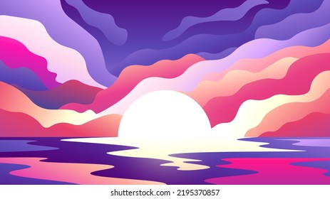 Beautiful horizontal evening seascape. Bright sunset spreads over the water surface.