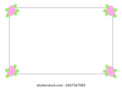 Beautiful horizontal frame of light green leaves and pink flowers. It is intended for paper, greetings, and invitations. One icon isolated on  white background.
