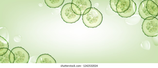 Beautiful, horizontal, green, realistic cucumber background with drops of liquid for advertising banners and cosmetics advertisements.