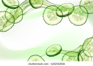 Beautiful, horizontal, green, realistic cucumber background with splashes of liquid for advertising banners and cosmetics advertisements.