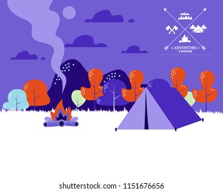 Beautiful horizontal Nature landscape. Morning landscape in the mountains. Solitude in nature by the hill. Weekend in the tent. Hiking and camping flat modern linear style Vector concept illustration.