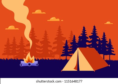 Beautiful horizontal Nature landscape. night landscape in the mountains. Solitude in nature. Weekend in the tent. Hiking and camping flat modern linear style Vector  concept illustration.