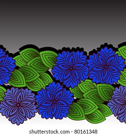 beautiful horizontal pattern of blue flowers on a black and white background