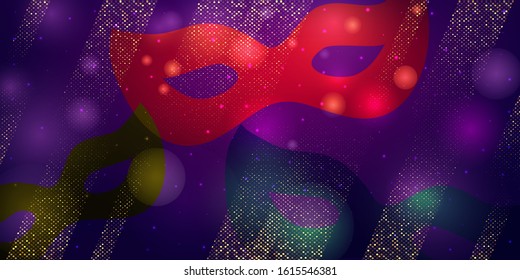 Beautiful Horizontal pattern dark night background with flashes of light, carnival masks. Mardi Gras Party. Venetian carnival mardi gras party. Ideal for greeting card, poster, web template. Vector