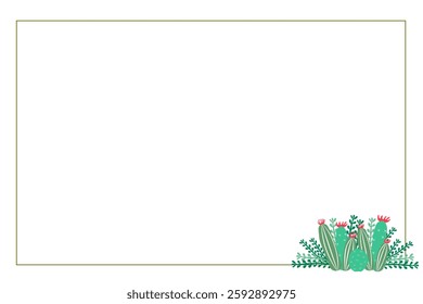 Beautiful horizontal rectangular frame with floral natural ornament. Green flowering cacti and succulents on  white background. Red inflorescences.