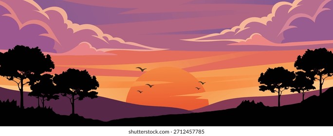 Hermosa Ilustración vectorial Horizontal del paisaje del atardecer con los pájaros de los árboles silueteados y el cielo dramático colorido