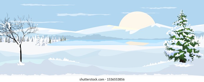Beautiful horizontal Winter Landscape with mountain fir tree and bare tree with snow. Flat and solid color vector illustration.