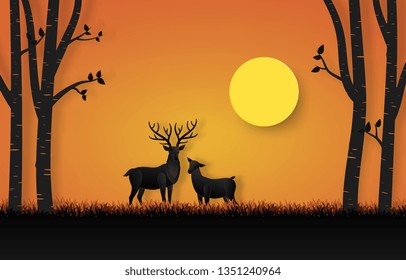 Beautiful horned deer in the forest with family surrounded by trees on sunset background. Vector paper art in black dark and orange tone. Quiet, warm, euphoric and happy animal life.