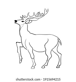 Beautiful horned deer outline vector illustration.Black stripes on white.Cute design for t shirt print, icon, logo, label, patch or sticker.Smile happily.