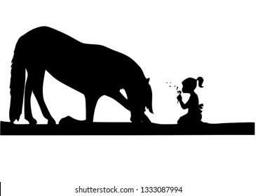 Beautiful Horse bowing silhouette vector with little girl making a wish on  dandelion. Available for commercial use