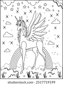  Bonito unicórnio de fadas de cavalo com desenho coloração página para crianças.
