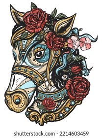 Beautiful horse. Farm animals portrait. Old school tattoo vector art. Hand drawn graphic. Isolated on white. Traditional flash tattooing style
