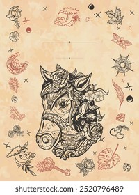 Beautiful horse. Farm animals portrait. Old paper vector. Cover page template. Medieval manuscript style