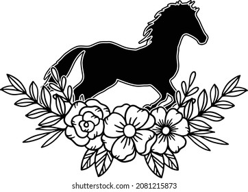 Beautiful Horse With Flower, Horse Silhouette, Horse Outline